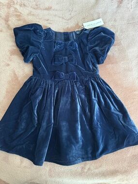 NWT Janie and Jack Blue Velvet Puff Sleeve Toddler Girls Dress with Bows, Size 3